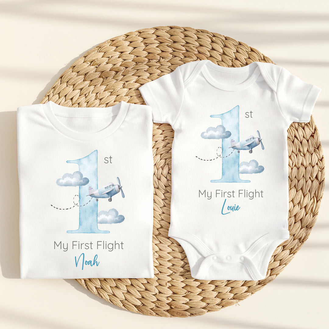 Personalised Blue Planes My First Flight Baby Vest/T-shirt