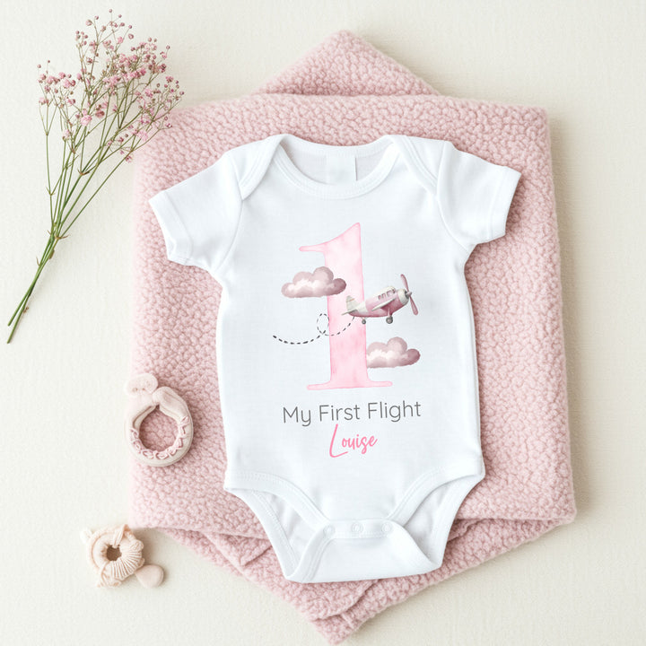 Personalised Pink Planes My First Flight Baby Vest/T-shirt