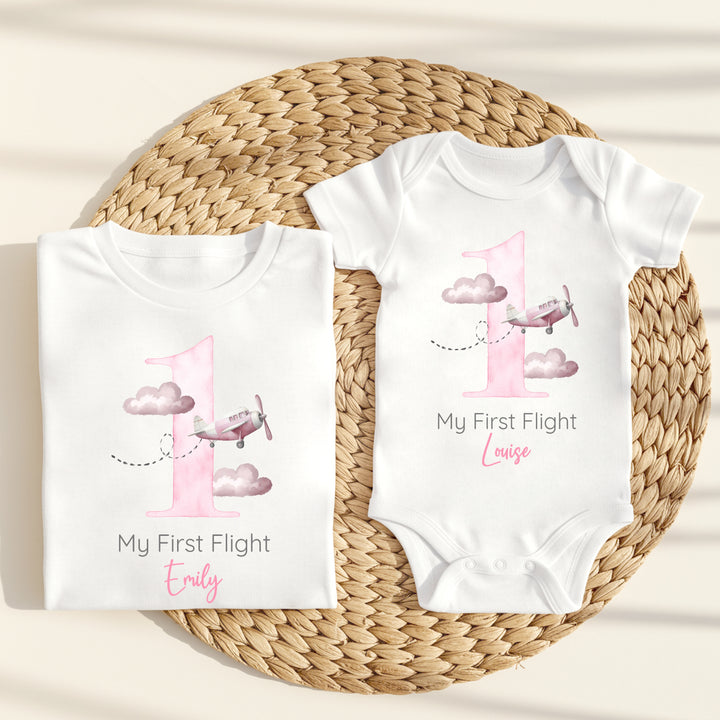 Personalised Pink Planes My First Flight Baby Vest/T-shirt