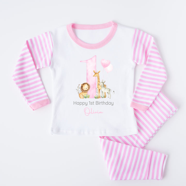 Personalised Jungle Pink Stripe Birthday Pyjamas