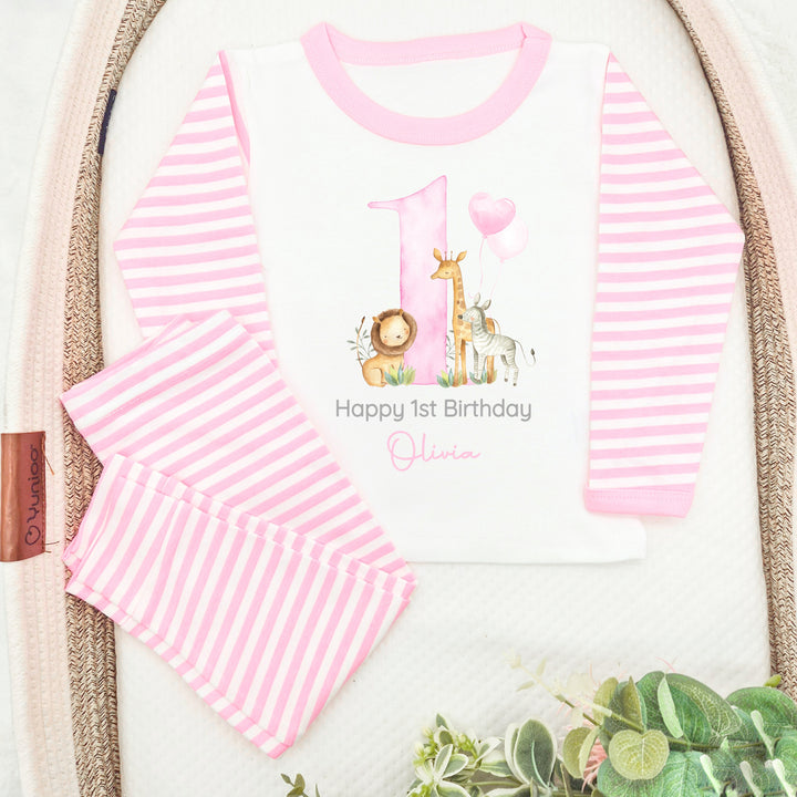 Personalised Jungle Pink Stripe Birthday Pyjamas