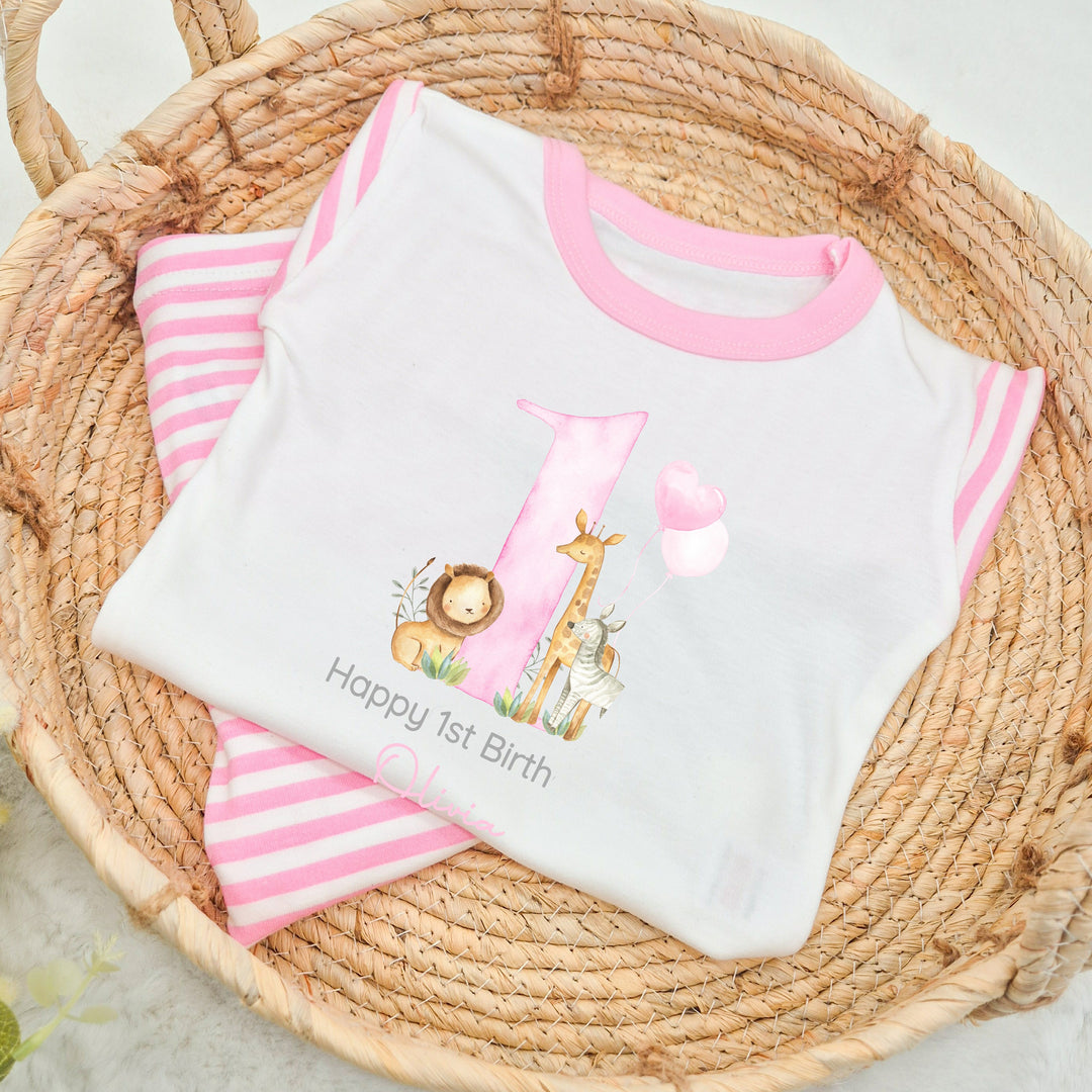 Personalised Jungle Pink Stripe Birthday Pyjamas