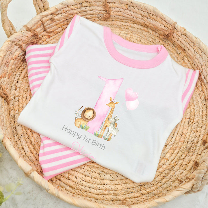 Personalised Jungle Pink Stripe Birthday Pyjamas
