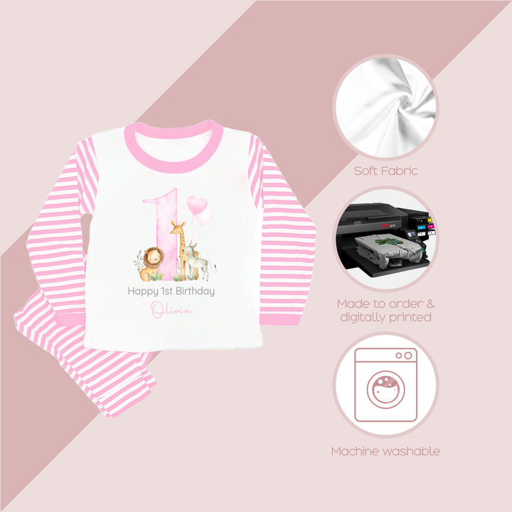 Personalised Jungle Pink Stripe Birthday Pyjamas