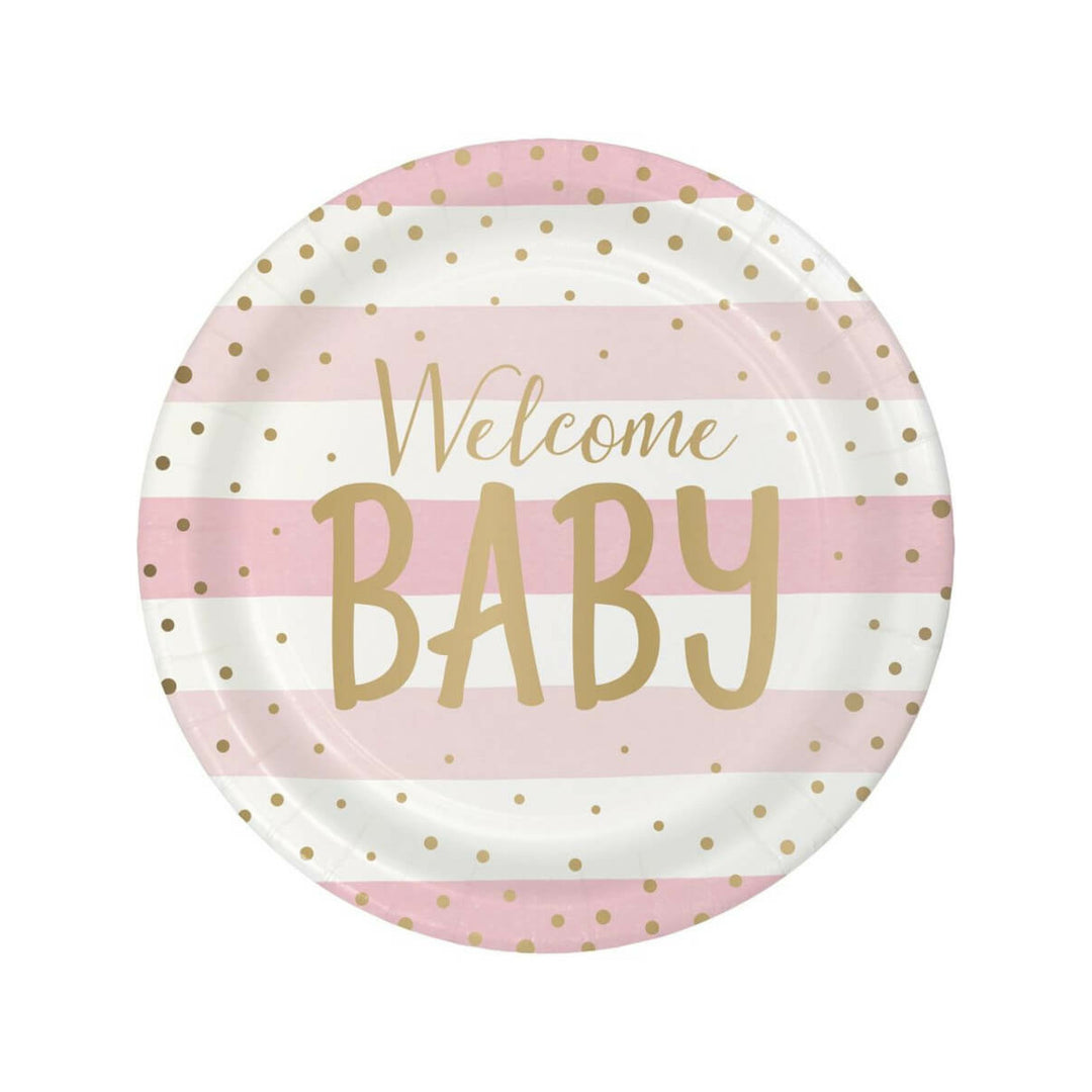 Pink and Gold Paper Dinner Plates Welcome Baby