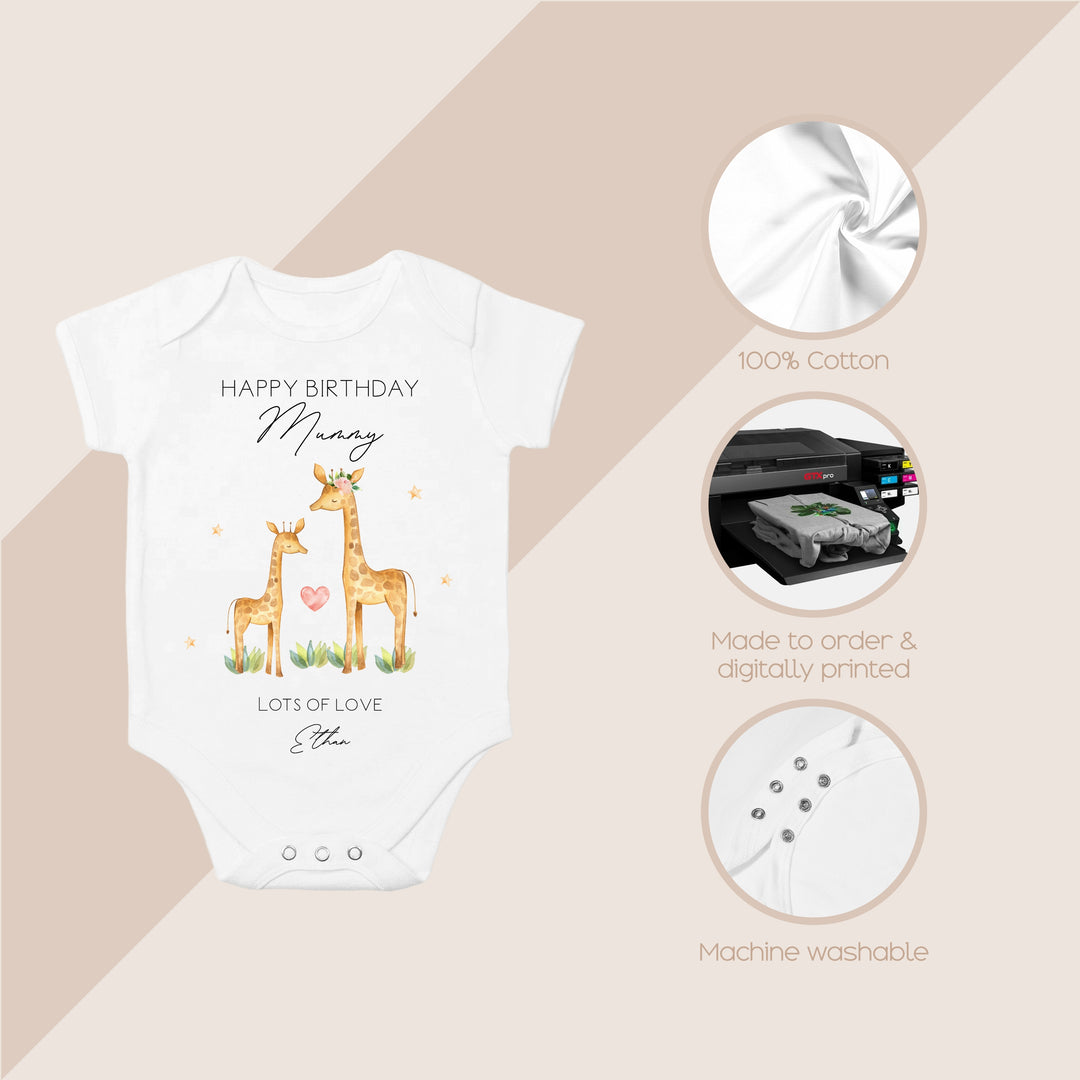 Personalised Giraffe Happy Birthday Mummy Babygrow/Vest