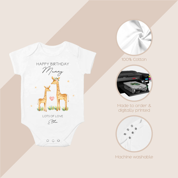 Personalised Giraffe Happy Birthday Mummy Babygrow/Vest