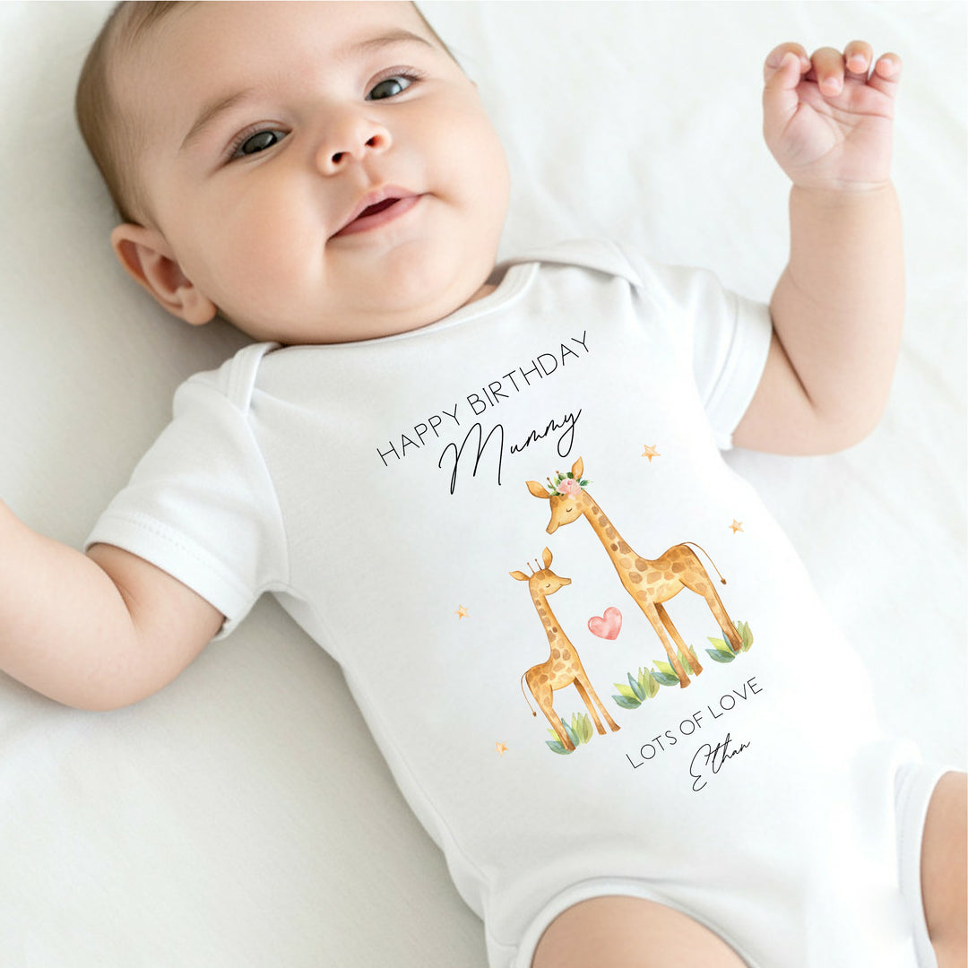 Personalised Giraffe Happy Birthday Mummy Babygrow/Vest