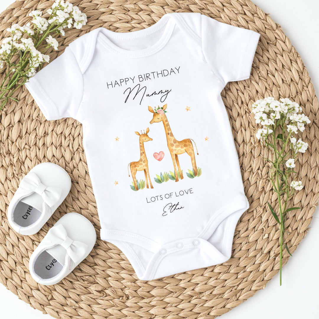 Personalised Giraffe Happy Birthday Mummy Babygrow/Vest