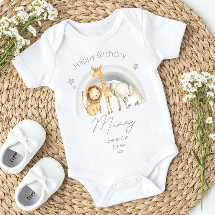 Personalised Jungle Rainbow Happy Birthday Mummy Babygrow/Vest