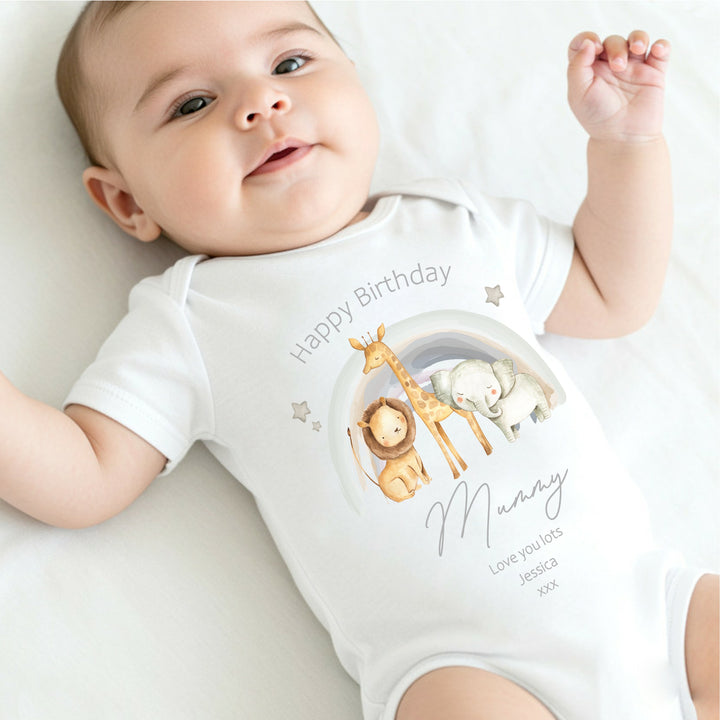Personalised Jungle Rainbow Happy Birthday Mummy Babygrow/Vest