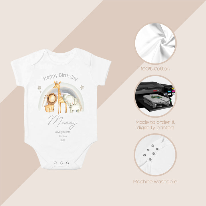 Personalised Jungle Rainbow Happy Birthday Mummy Babygrow/Vest