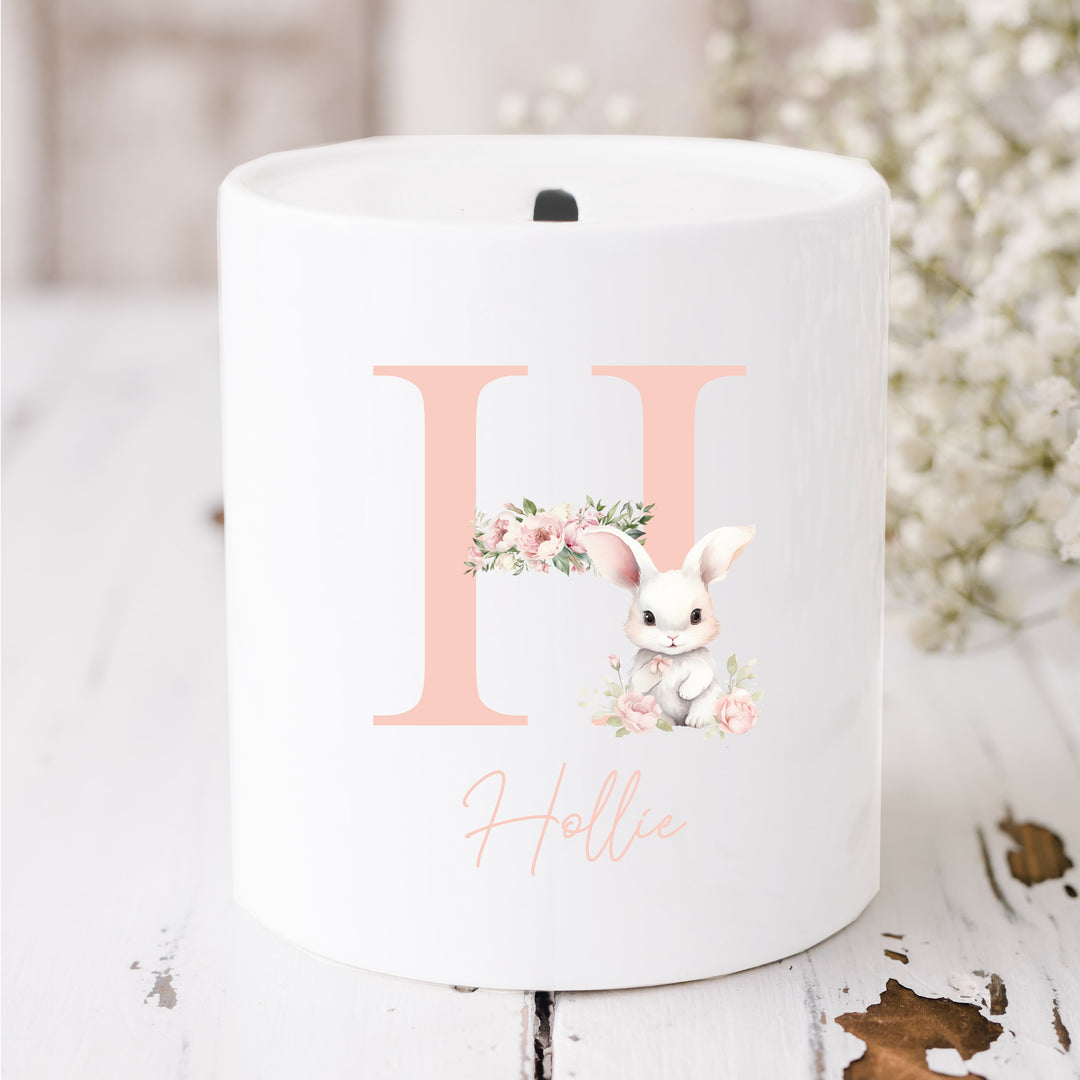 Personalised Pink Bunny Initial Ceramic Money Box