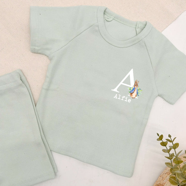 Personalised Blue Rabbit Initial Ribbed Shorts Set
