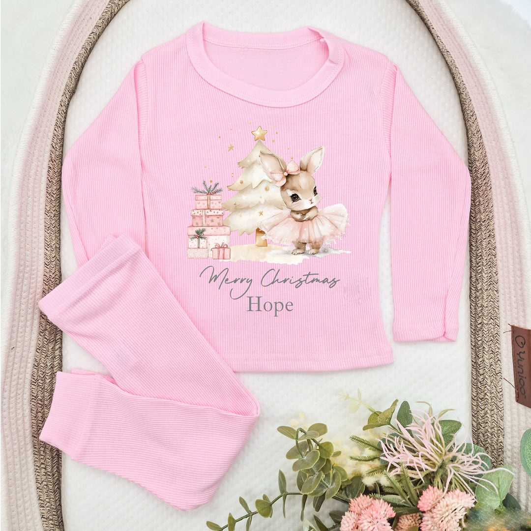 Personalised Pink Rabbit Christmas Ribbed Loungewear