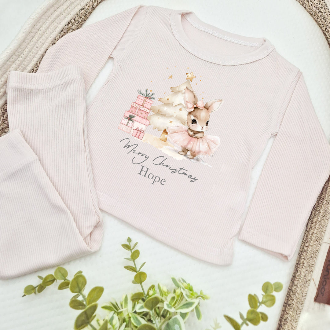 Personalised Pink Rabbit Christmas Ribbed Loungewear