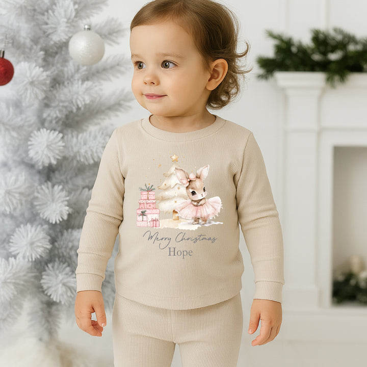Personalised Pink Rabbit Christmas Ribbed Loungewear