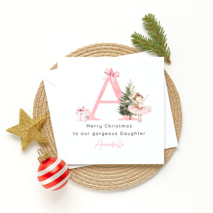 Personalised Pink Initial Ballerina Christmas Card