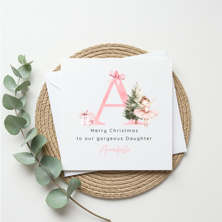 Personalised Pink Initial Ballerina Christmas Card