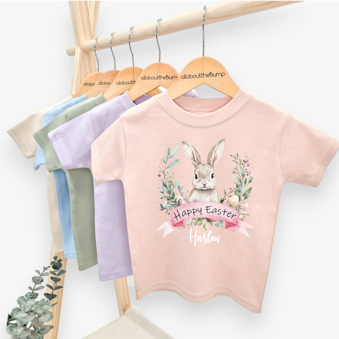 Personalised Pink Bunny Wreath Easter T-shirt