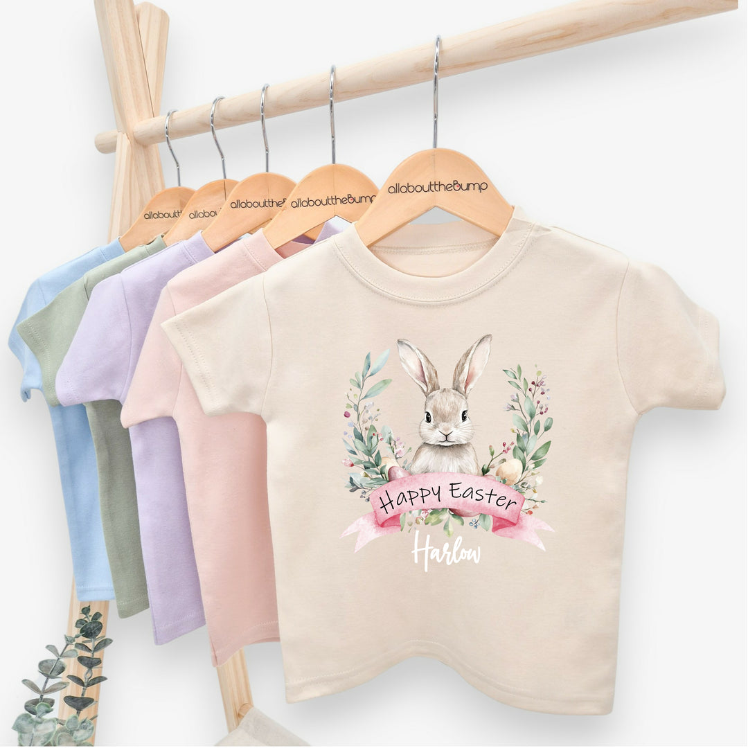 Personalised Pink Bunny Wreath Easter T-shirt