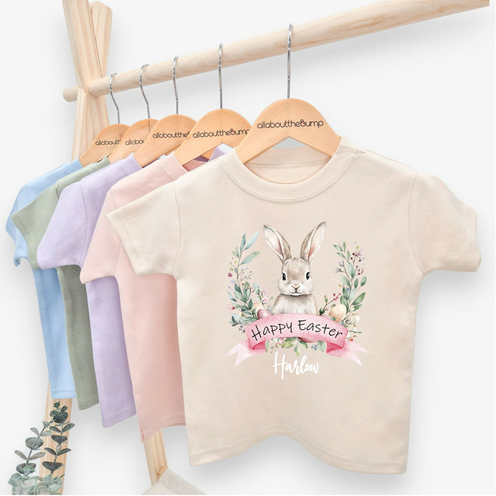 Personalised Pink Bunny Wreath Easter T-shirt