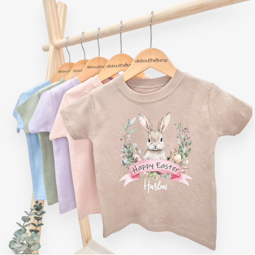 Personalised Pink Bunny Wreath Easter T-shirt