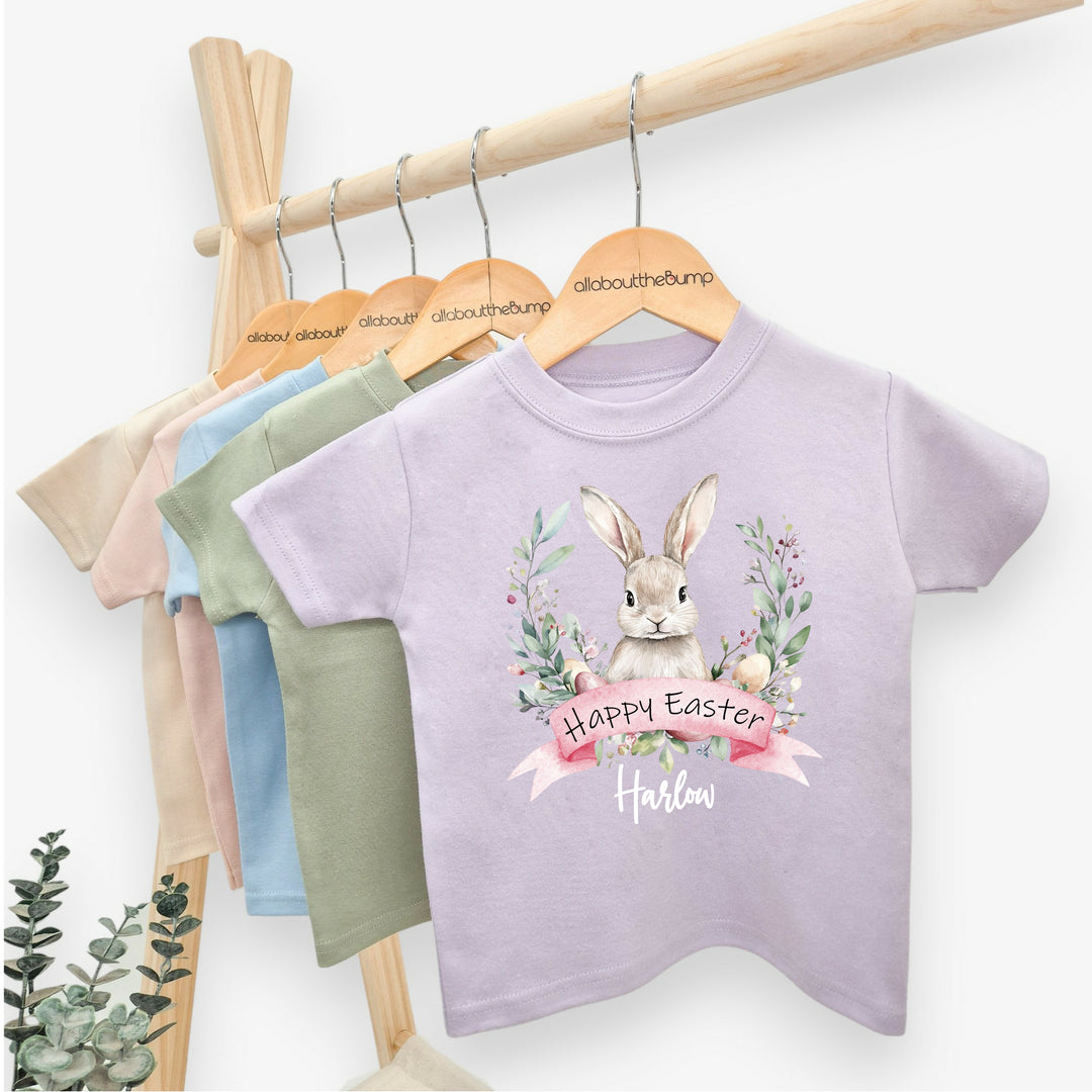 Personalised Pink Bunny Wreath Easter T-shirt