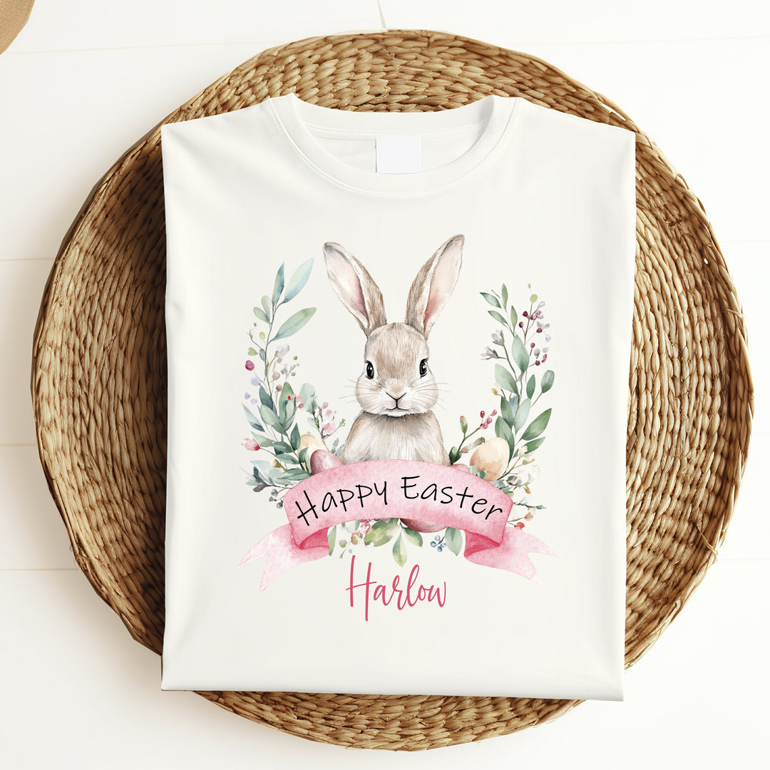 Personalised Pink Bunny Wreath Easter T-shirt