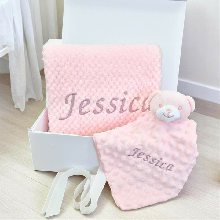 Girls Pink Blanket and Comforter Personalised Gift Hamper Set