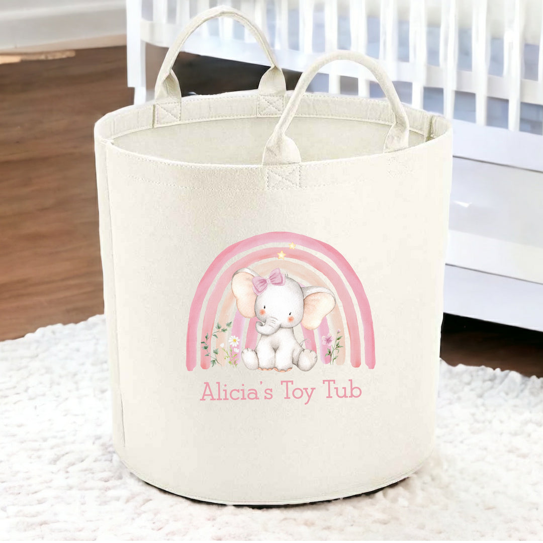 Personalised Pink Rainbow Elephant Toy Tub