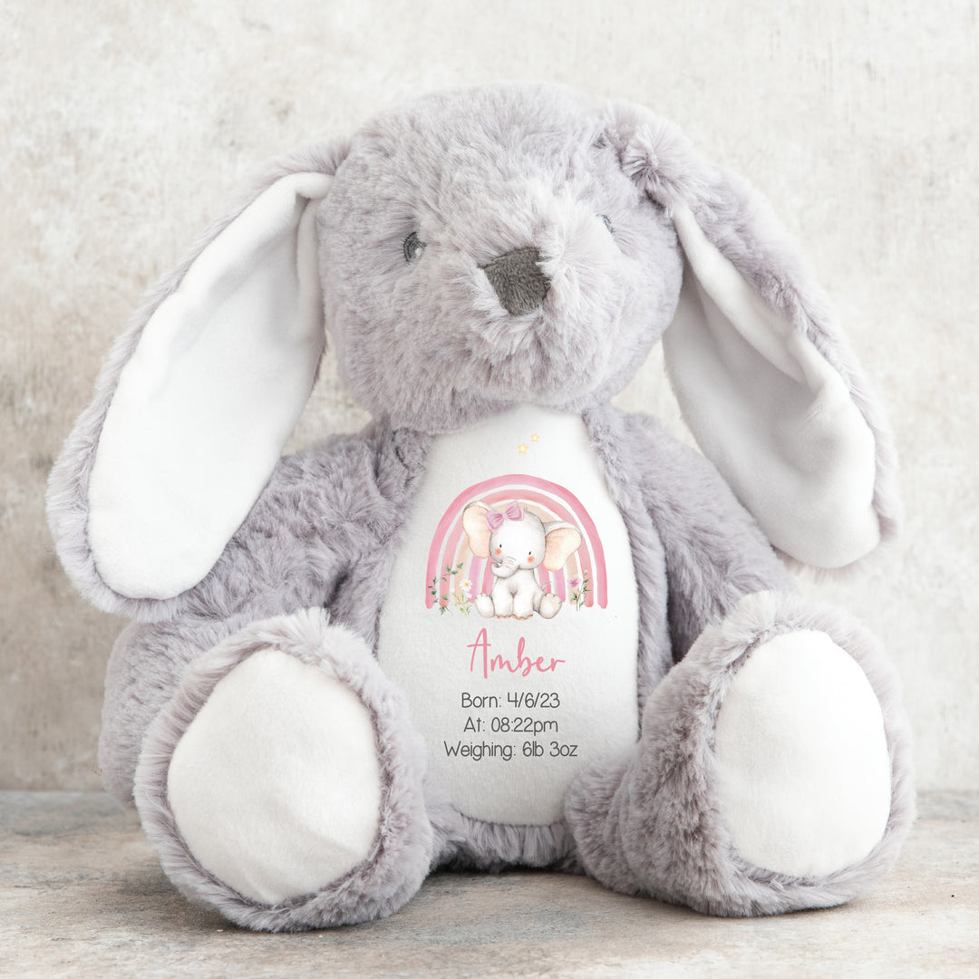Personalised Pink Rainbow Elephant Birth Announcement Teddy