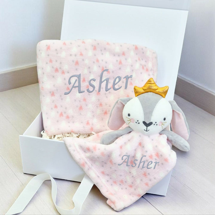 Girls Pink Bunny & Blanket Personalised Gift Hamper Set