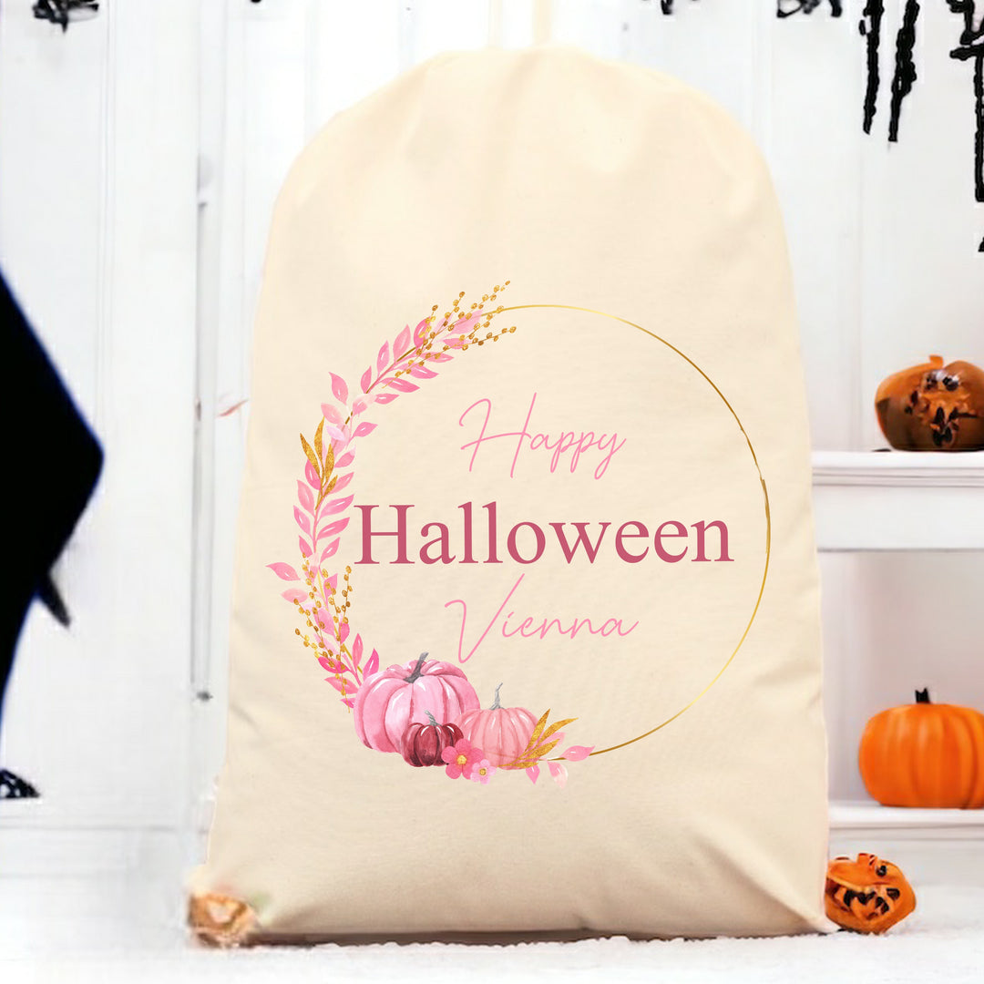 Personalised Happy Halloween Pink Wreath Treat Sack