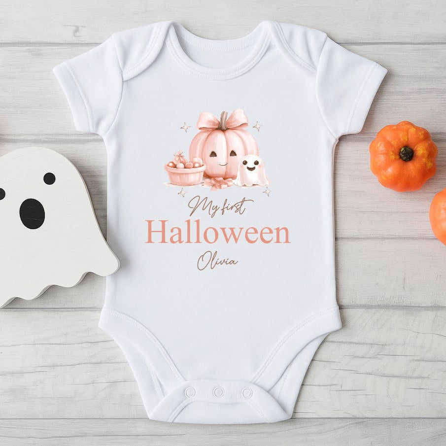 Personalised My First Halloween Pink Pumpkin Babygrow/Vest/Bib
