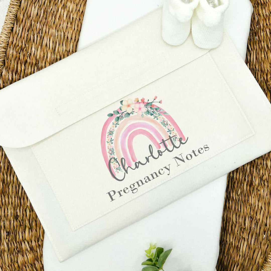 Personalised Pink Rainbow Pregnancy/Maternity Notes Cream Folder
