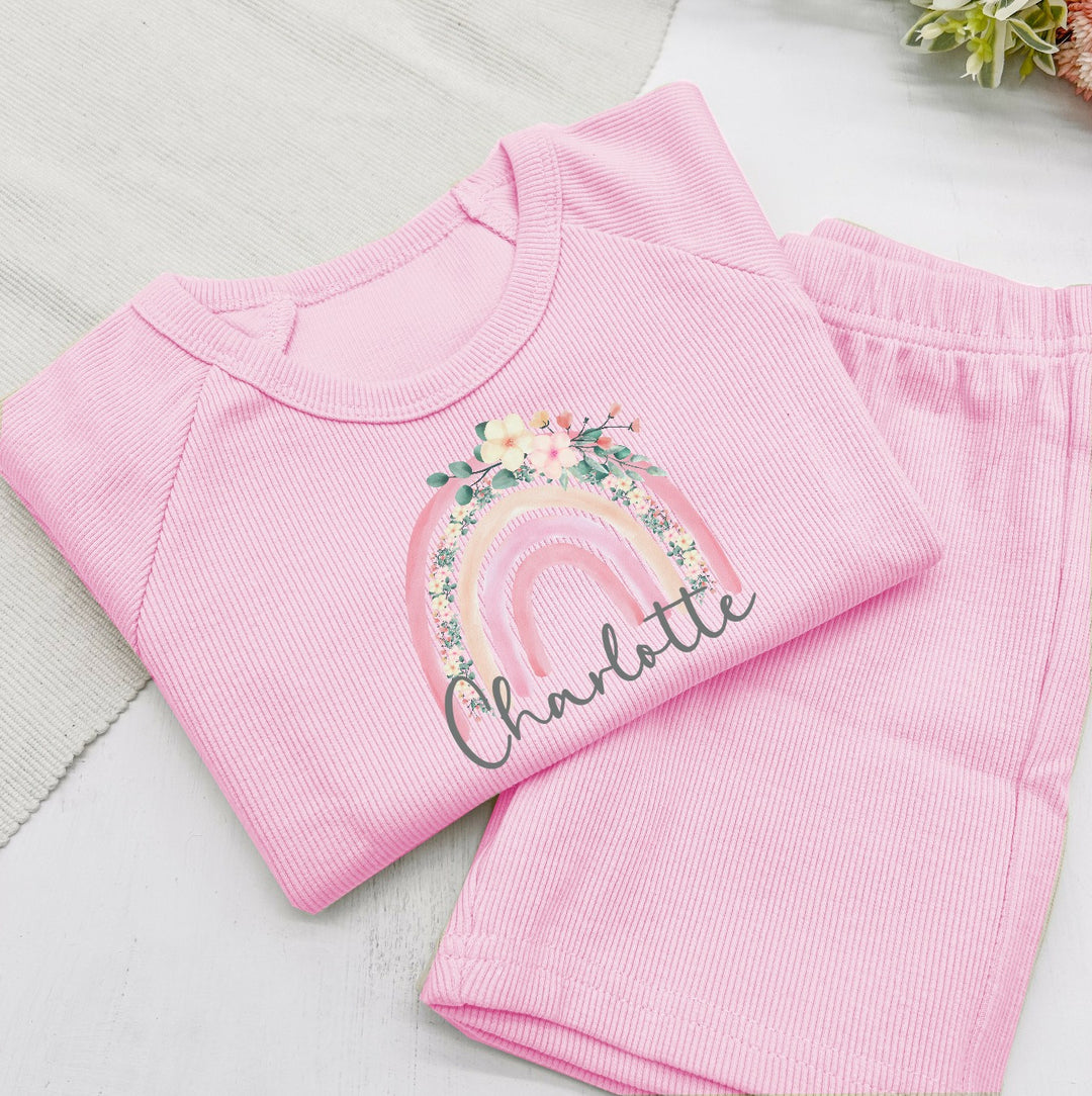 Personalised Pink Floral Rainbow Ribbed Shorts Set