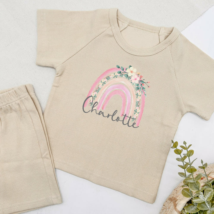 Personalised Pink Floral Rainbow Ribbed Shorts Set
