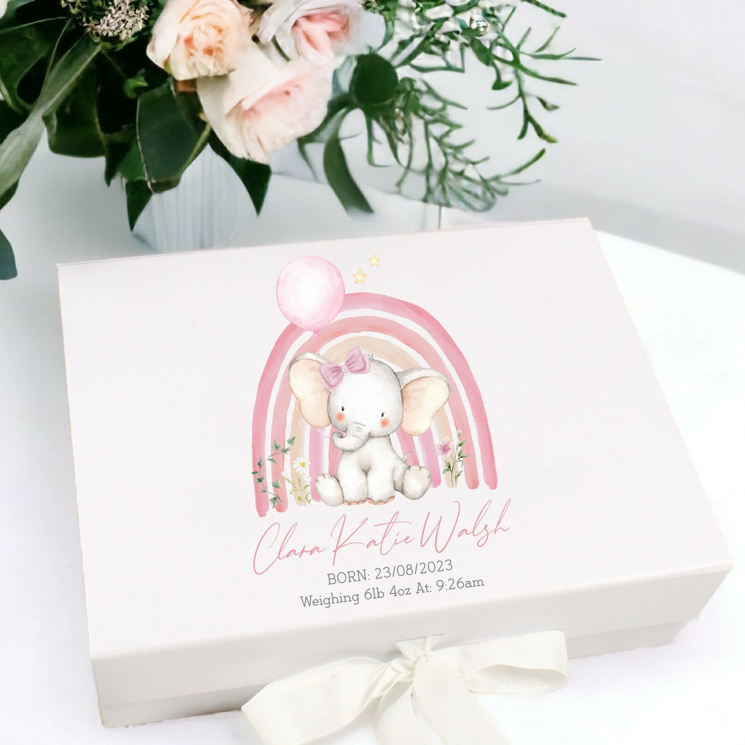 Personalised Pink Elephant Rainbow Baby Gift Box