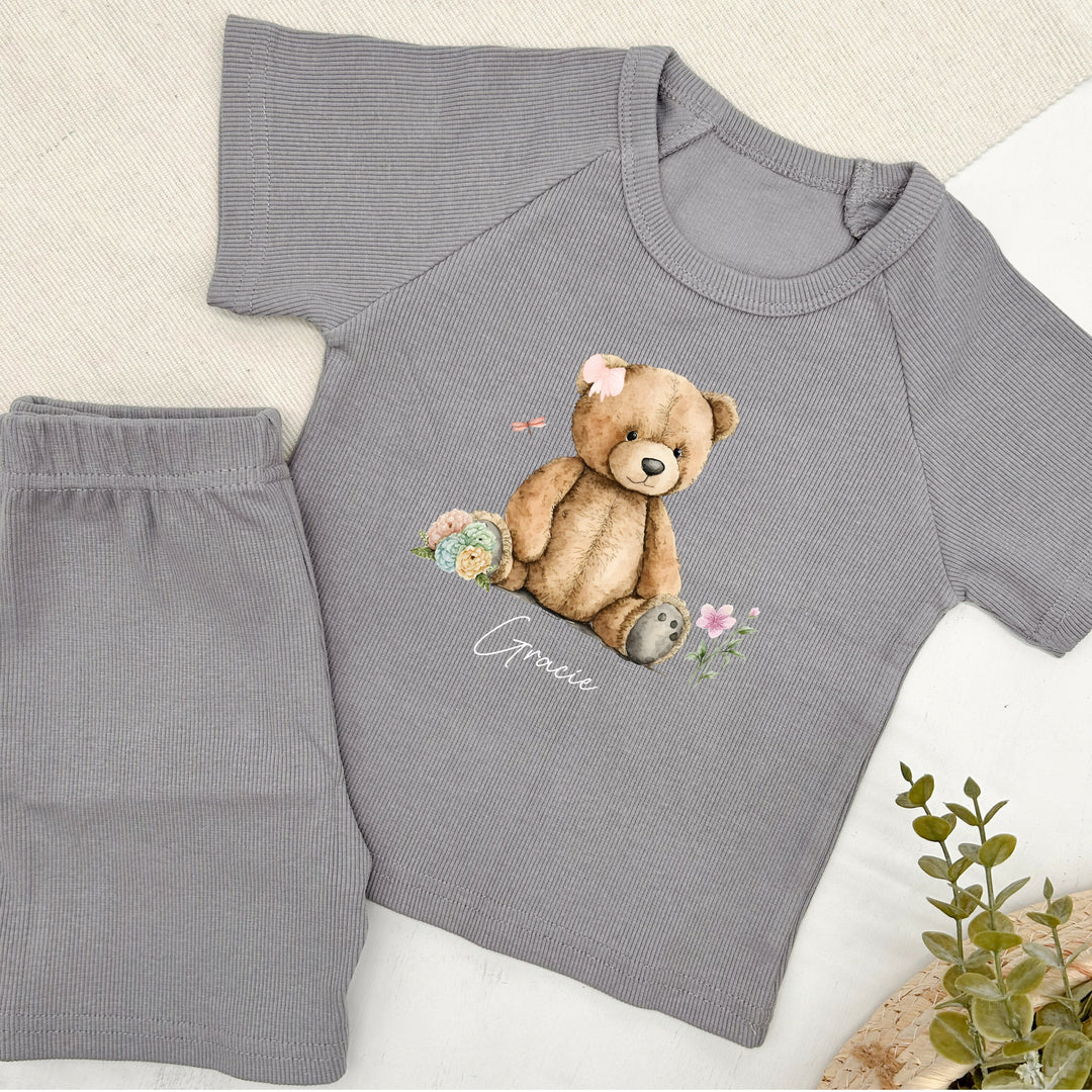 Personalised Pink Teddy Bear Ribbed Shorts Set