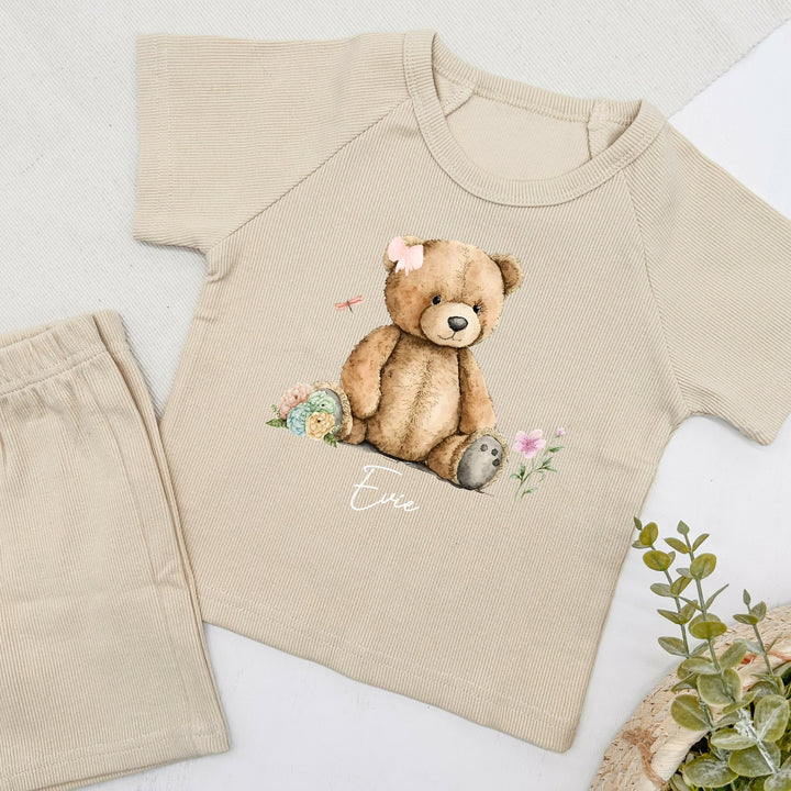 Personalised Pink Teddy Bear Ribbed Shorts Set