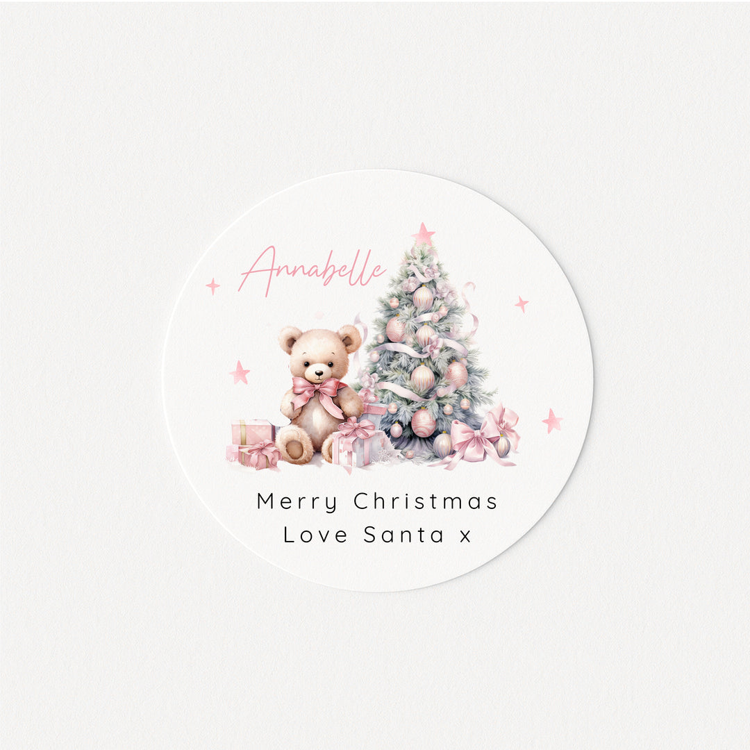 Personalised Pink Teddy Tree Christmas Stickers