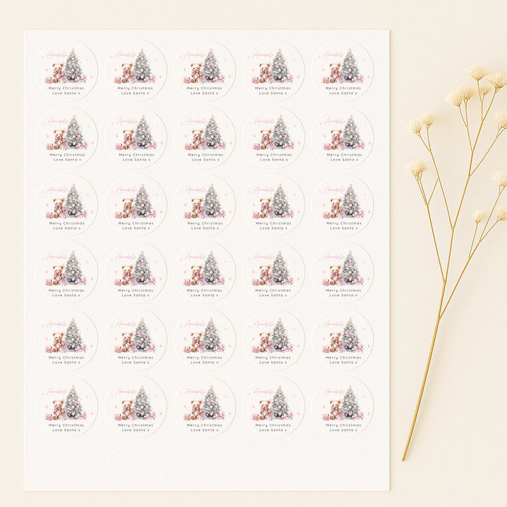 Personalised Pink Teddy Tree Christmas Stickers