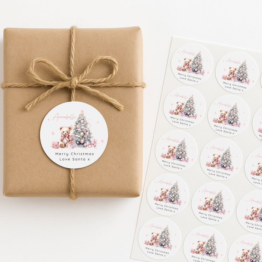 Personalised Pink Teddy Tree Christmas Stickers