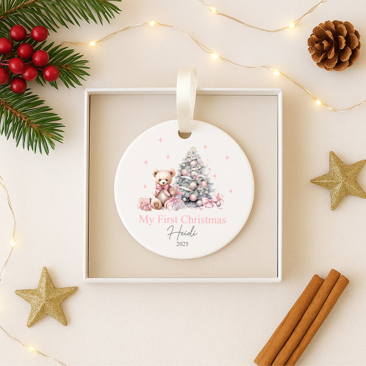 Personalised My First Christmas Pink Teddy Ceramic Ornament