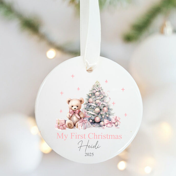 Personalised My First Christmas Pink Teddy Ceramic Ornament