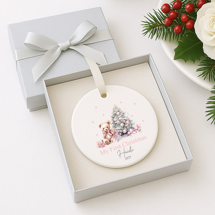 Personalised My First Christmas Pink Teddy Ceramic Ornament