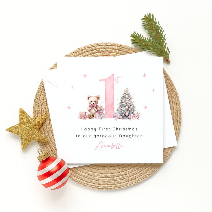 Personalised Pink Teddy Christmas Card