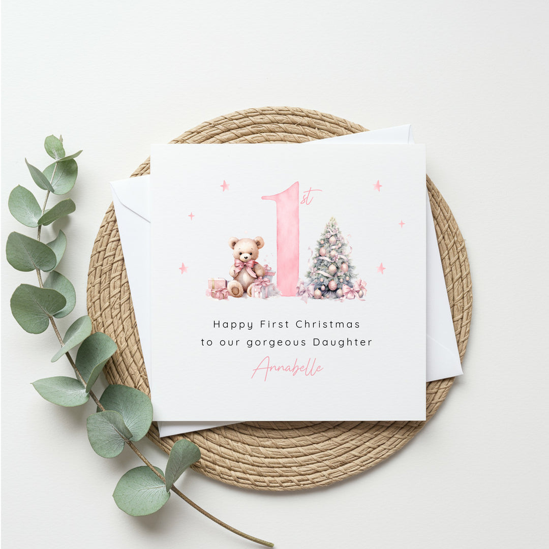 Personalised Pink Teddy Christmas Card