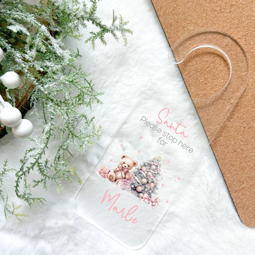 Personalised Pink Teddy Santa Stop Here Door Sign